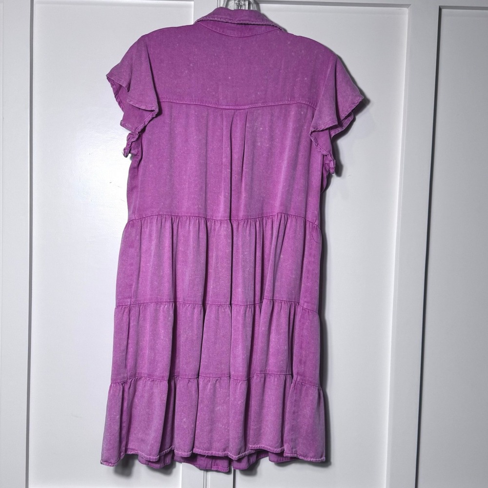 Jodifl Pink Acid Wash Tiered Mini Dress Button Front Flutter Sleeve B21842 Small - Picture 3 of 7